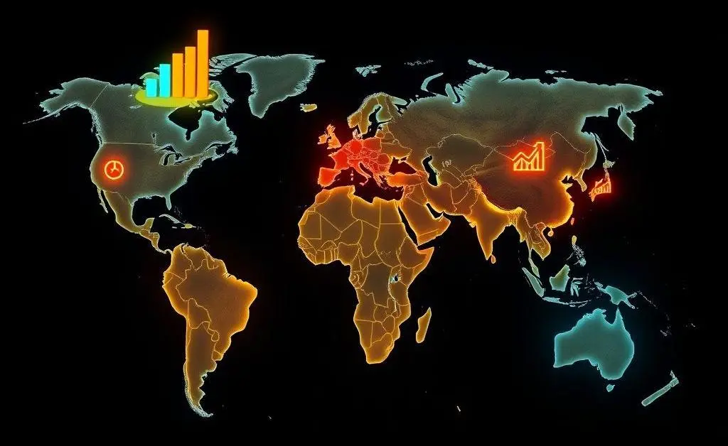 A world map with indicators of economic impact in different regions.