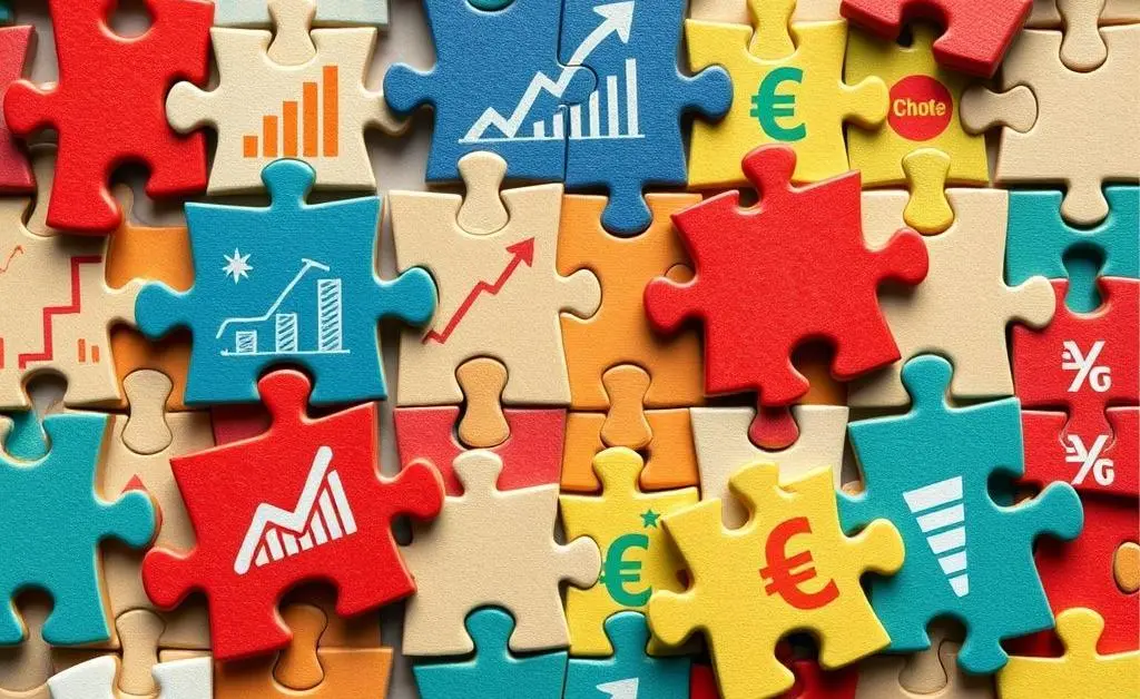 Cartoon puzzle of economic symbols including interest rates and currency signs