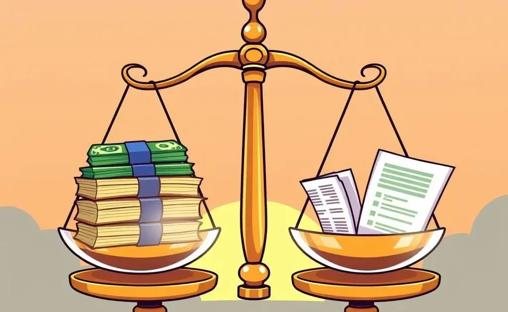 Scales balancing money and documents representing economic stability