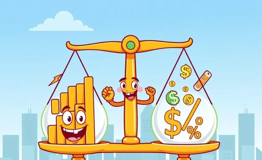A cartoon-style scale balancing economic growth and inflation, depicting the central bank's role in maintaining stability.