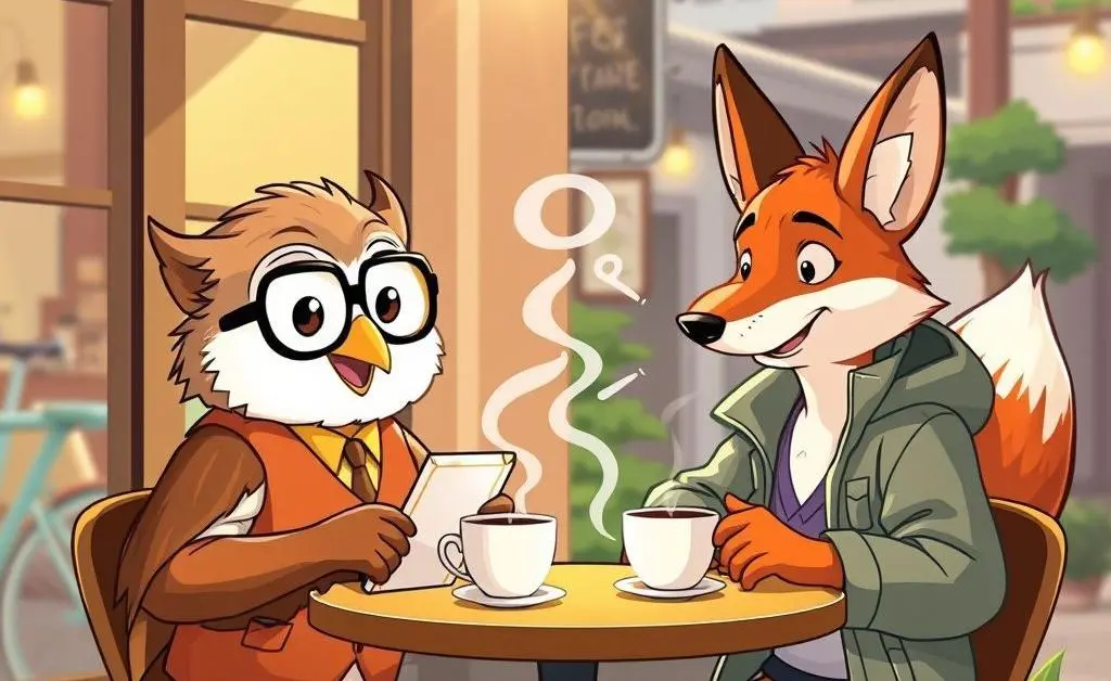Two cartoon characters having a conversation over coffee about the economy.