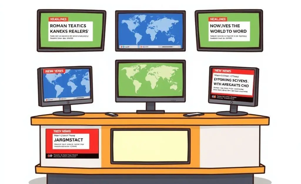 cartoon-style news desk illustration with financial headlines