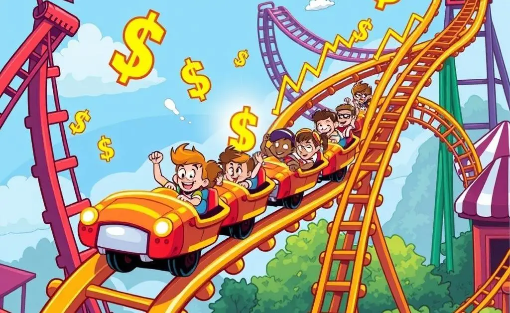 A cartoon rollercoaster with dollar signs and a graph, symbolizing economic ups and downs.