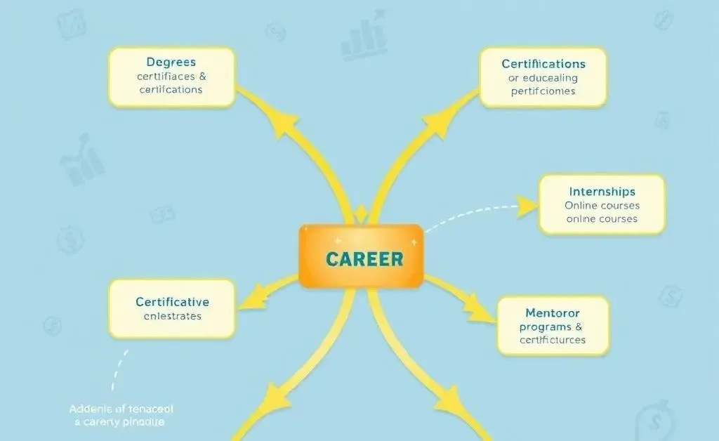 Diagram showing various pathways toward a career in finance, including educational and alternative routes.