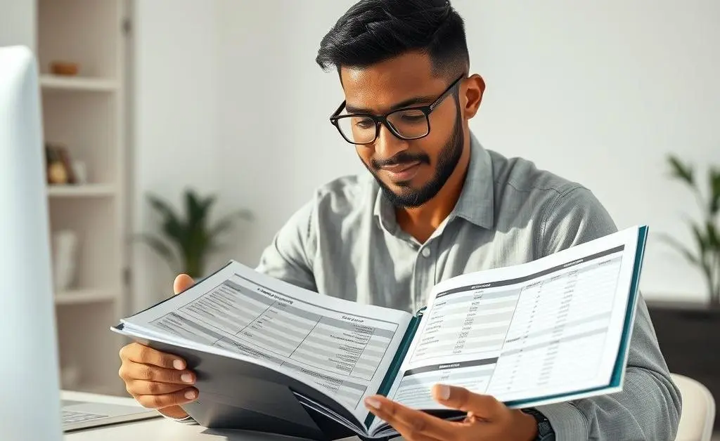 A person examining a budget planner with income and expenses balanced.