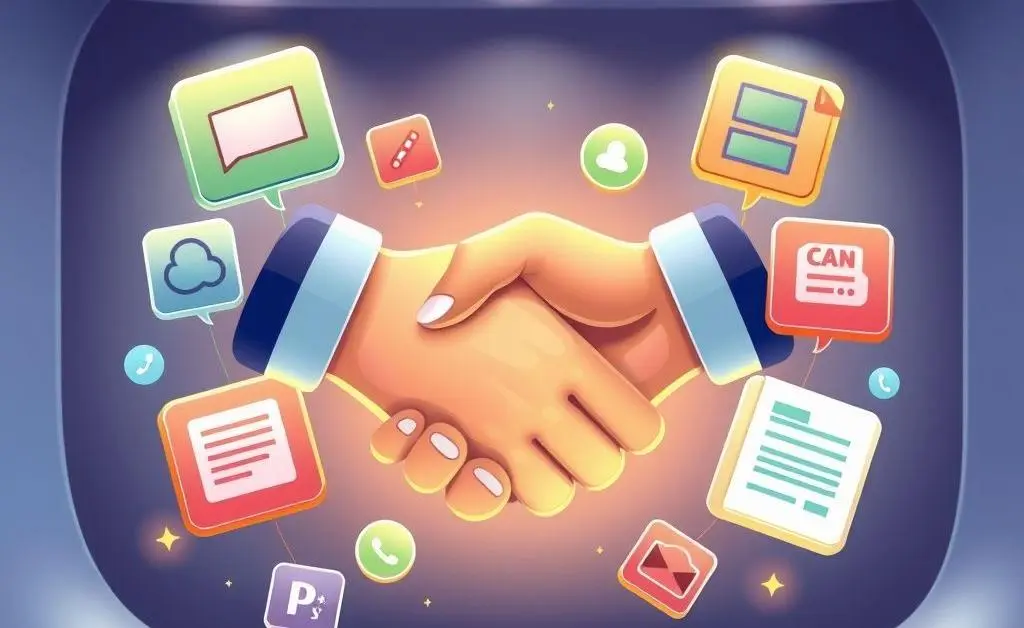 Chat icons and documents surrounding an illustrated handshake, depicting effective communication