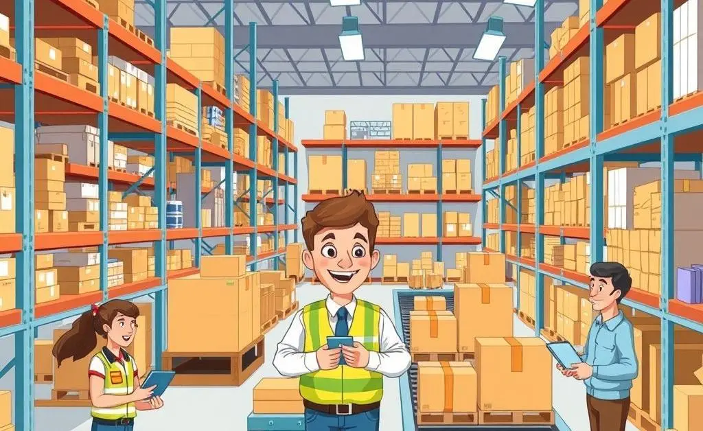 Cartoon showing effective inventory management in a warehouse