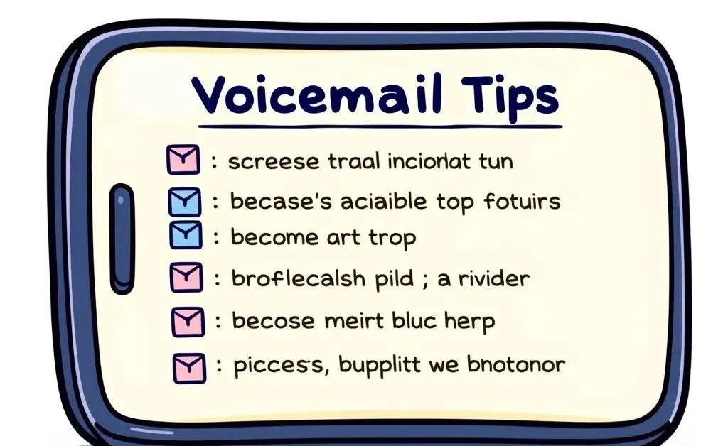 Cartoon of a phone displaying a list of voicemail tips on the screen.