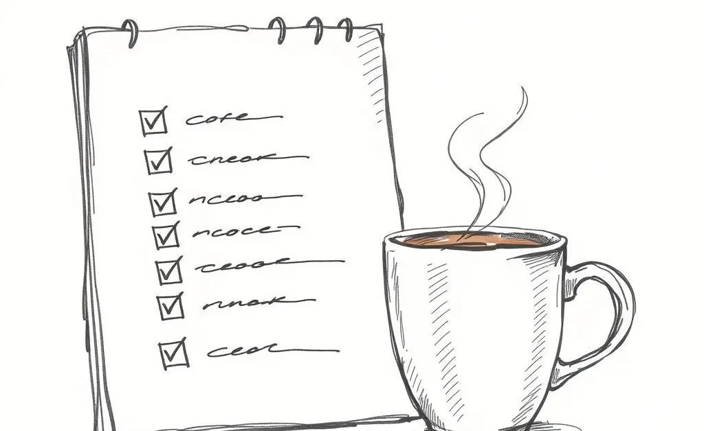 Hand-drawn checklist with a coffee cup beside it, symbolizing synchronizing tasks and breaks.