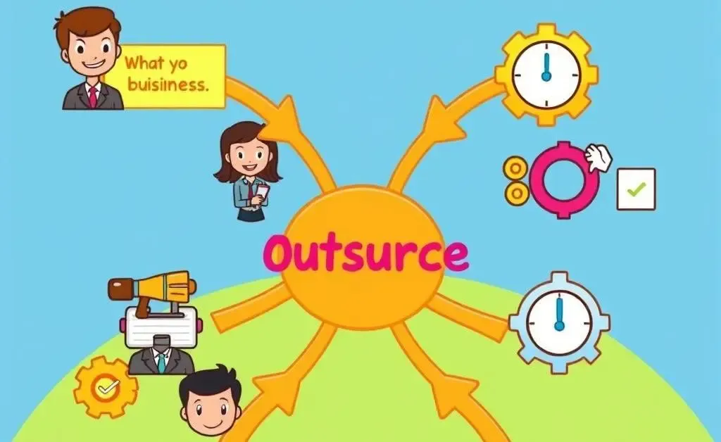 Cartoon-style flowchart illustrating the outsourcing process for efficiency.
