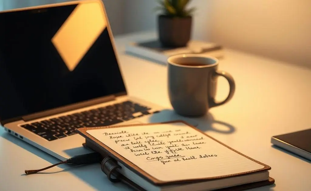 A peaceful efficient home office desk setup with a laptop, notebook, and a coffee mug