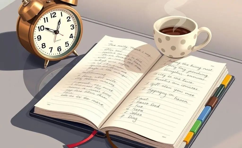 Illustration of a clean, organized planner open with a clock and cup of coffee beside it.