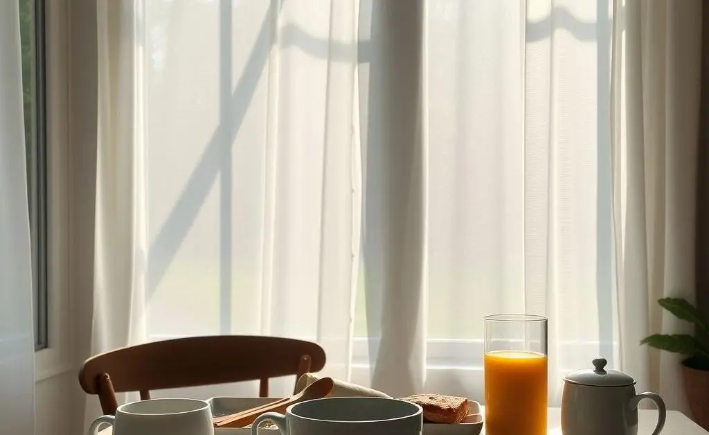 A serene morning scene with natural light pouring over a breakfast table.