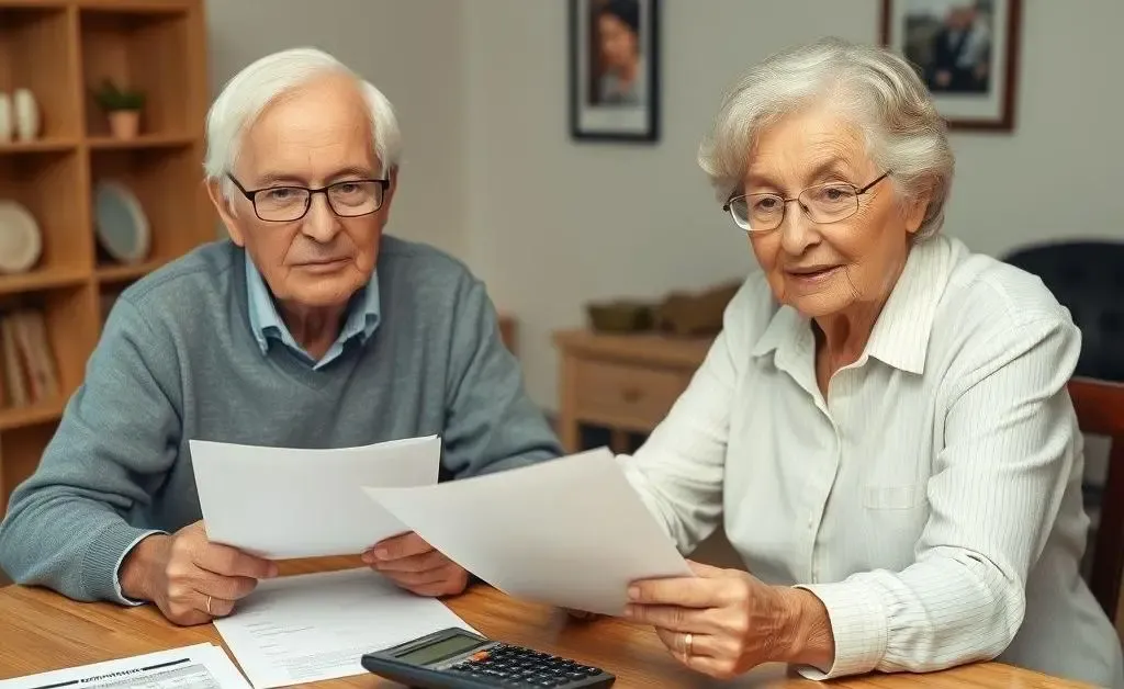 An elderly couple sitting at a table with financial papers and a calculator