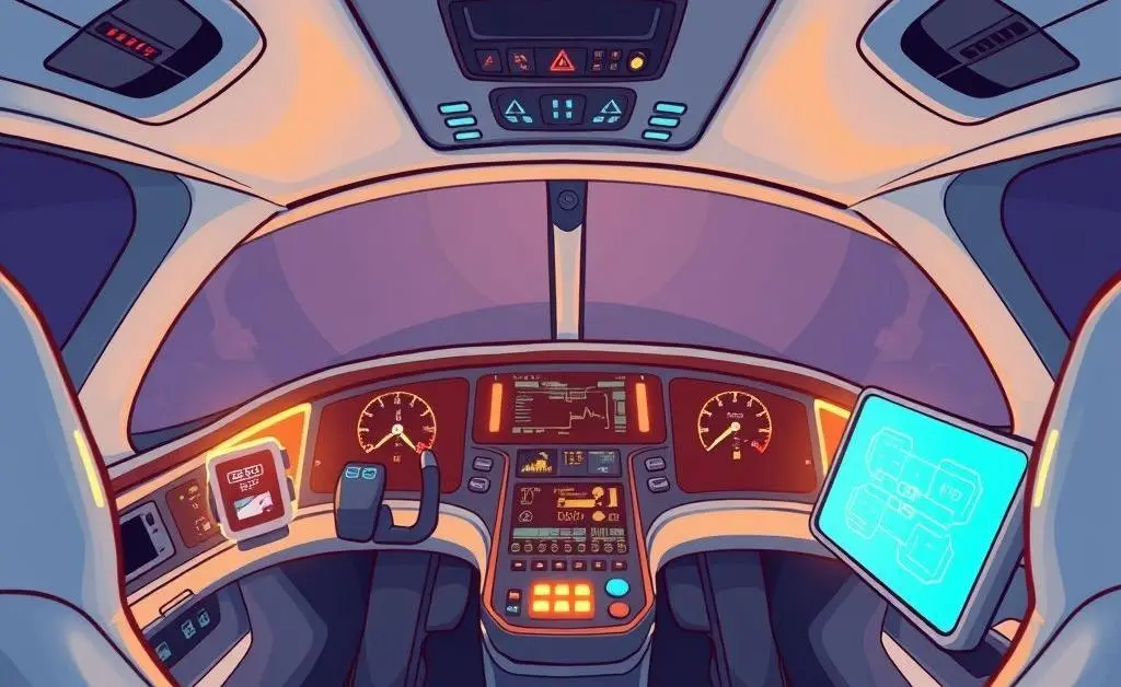 Cartoon-style illustration of an electric aircraft cockpit with futuristic controls.