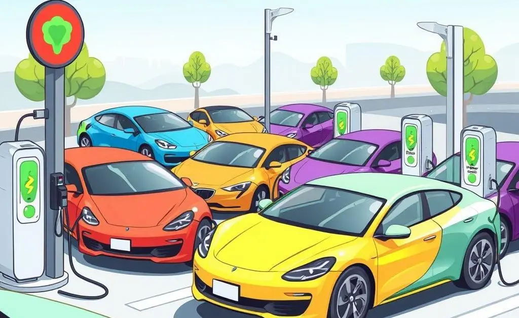 A cartoon-style charging station with several electric cars, illustrating the growing popularity of EVs.