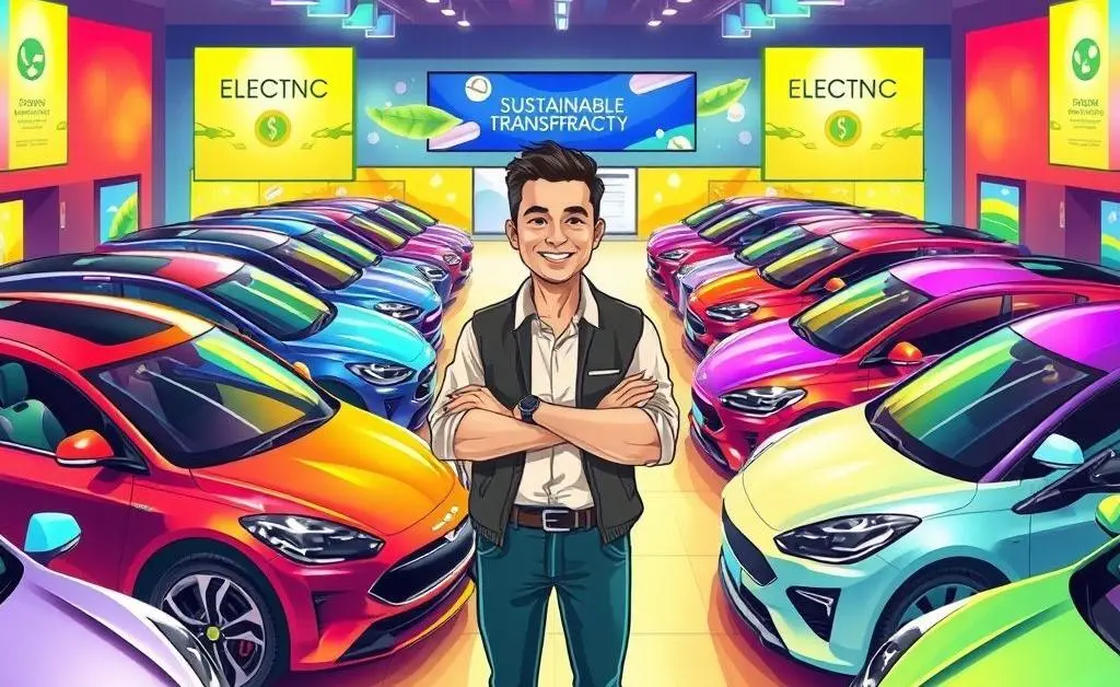 Illustration of a friendly car dealer in a colorful showroom full of various electric cars.