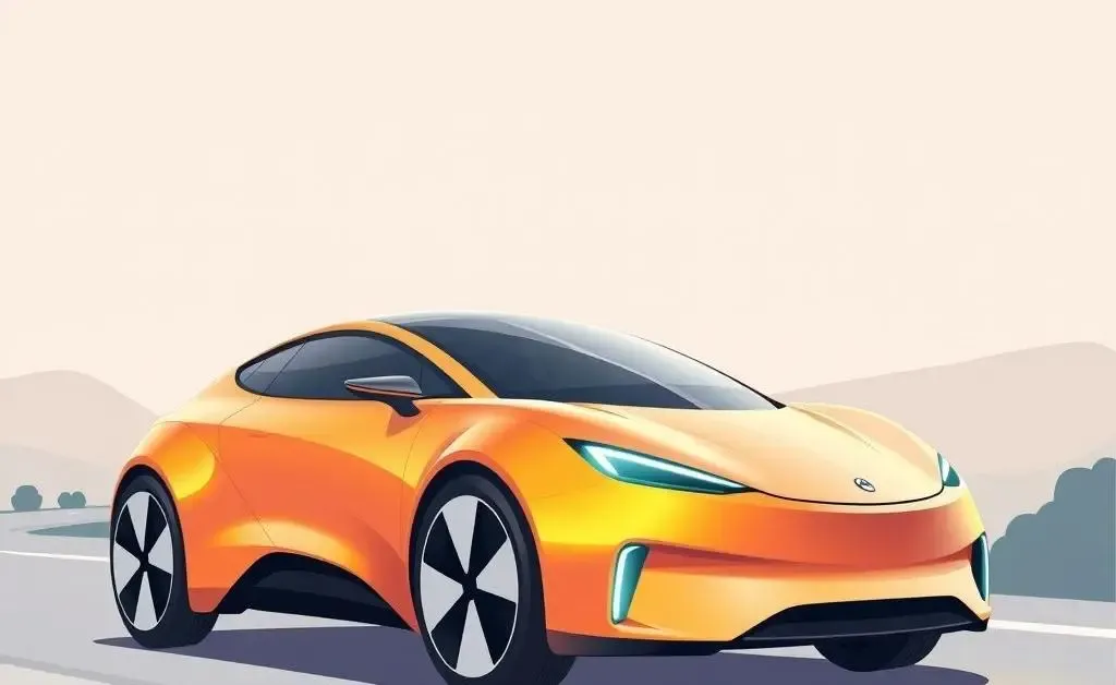 Minimalist cartoon-style image of a futuristic electric vehicle on a road