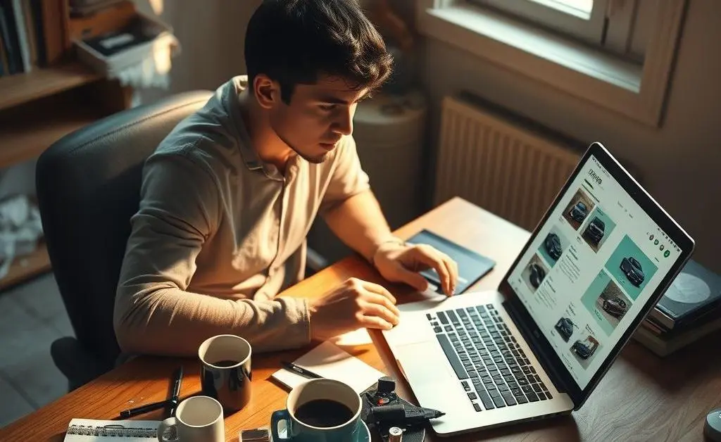 A person sitting at a desk with a laptop, researching used electric car prices online, surrounded by coffee and notepads.