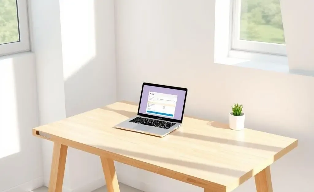 Illustration of a modern desk with an open laptop and email interface.