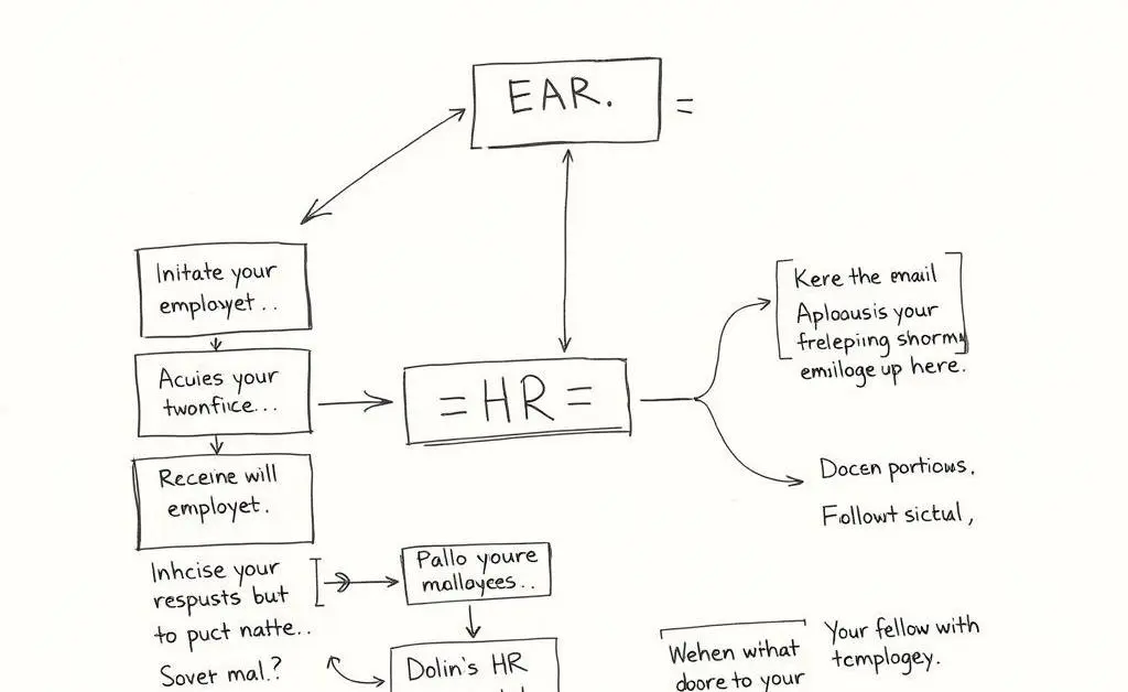 Hand-drawn flowchart of an email conversation between an employee and HR