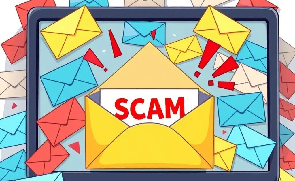 A cartoon of an email inbox with a suspicious scam email highlighted.