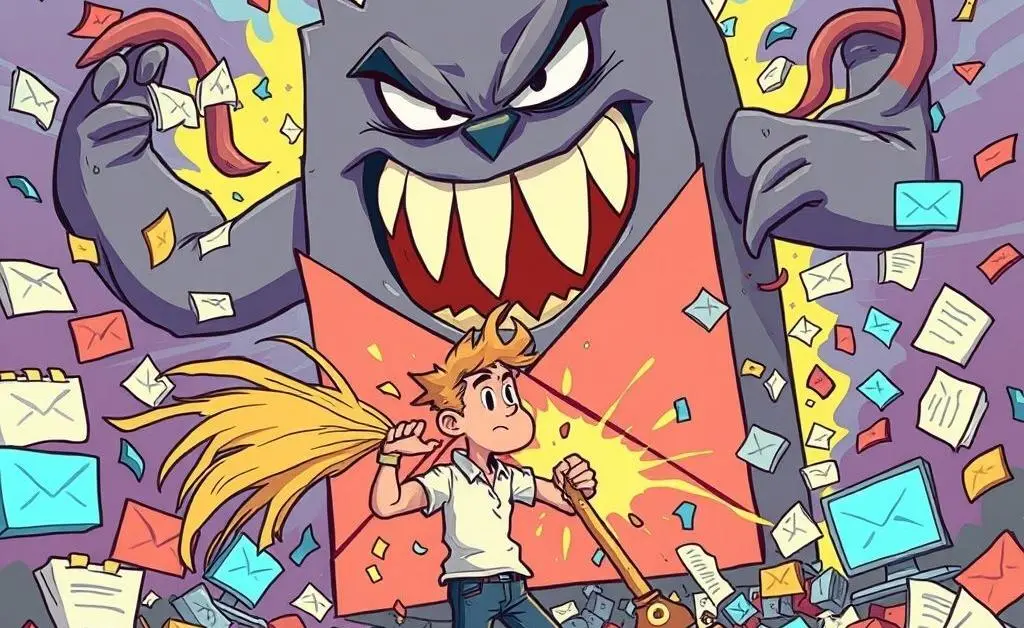A fun cartoon battle between a person and a giant, monstrous email inbox