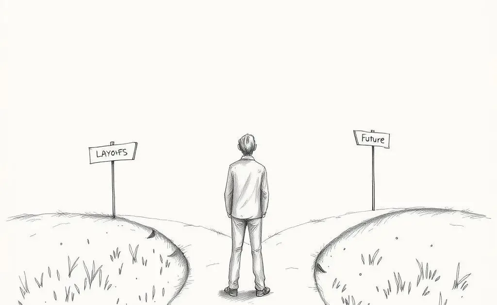 A person standing at a crossroads, representing decision-making during layoffs.