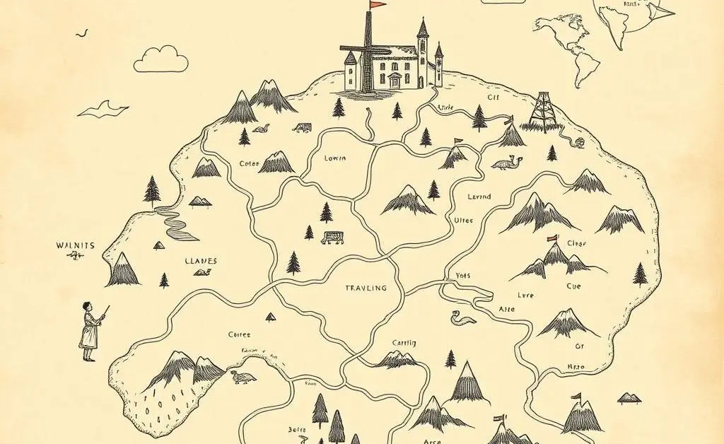 Hand-drawn map depicting a journey through life changes