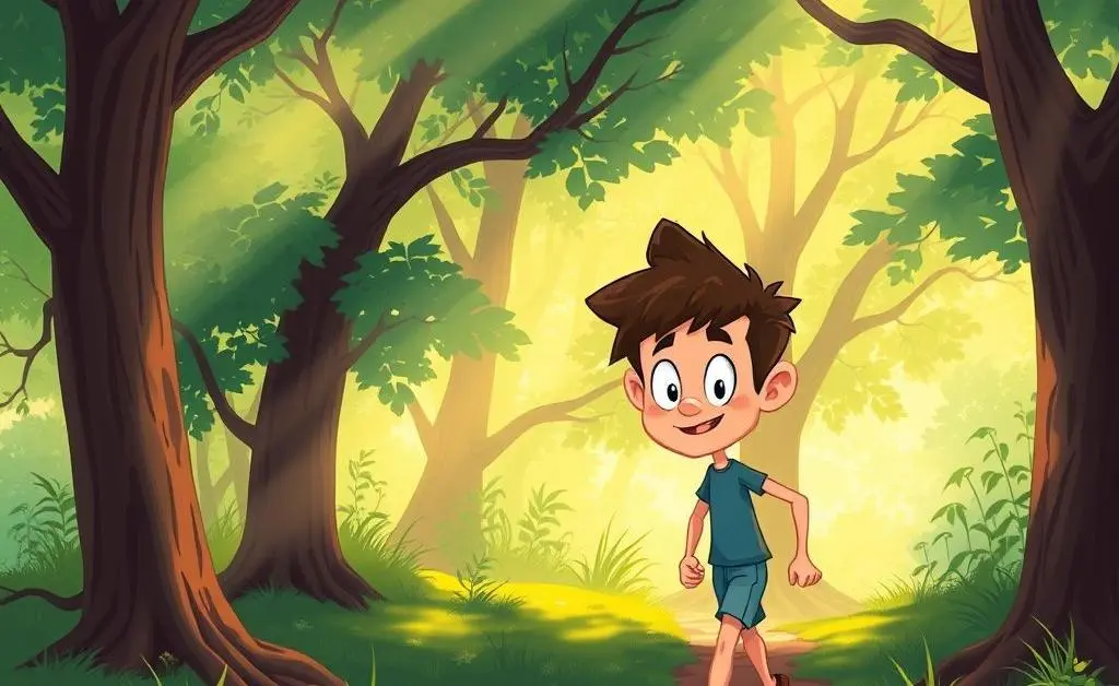 A cartoon-style person walking confidently through a serene forest path with rays of sunlight.