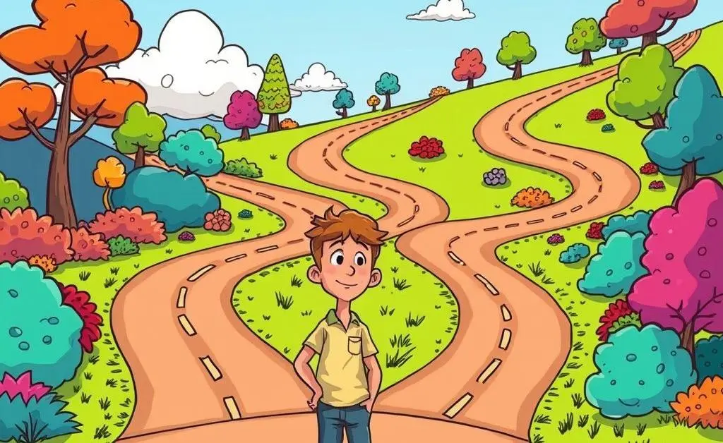 A person standing at a fork in a road with multiple paths leading in different directions.