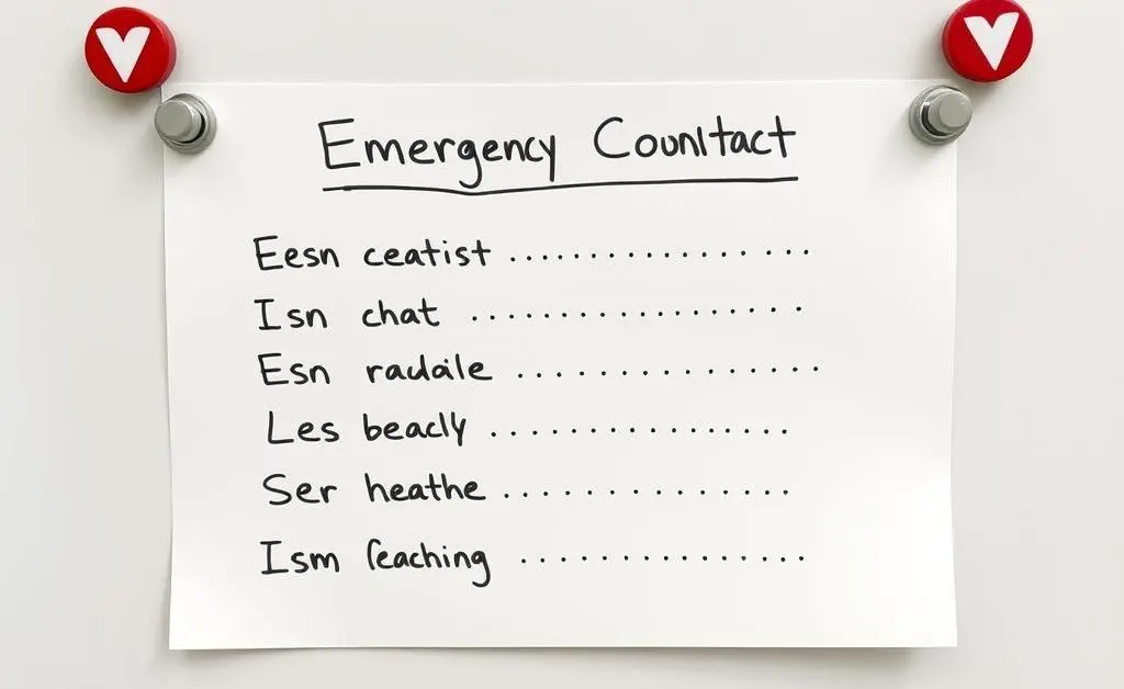 A minimalist drawing of an emergency contact list stuck to a fridge with magnets.