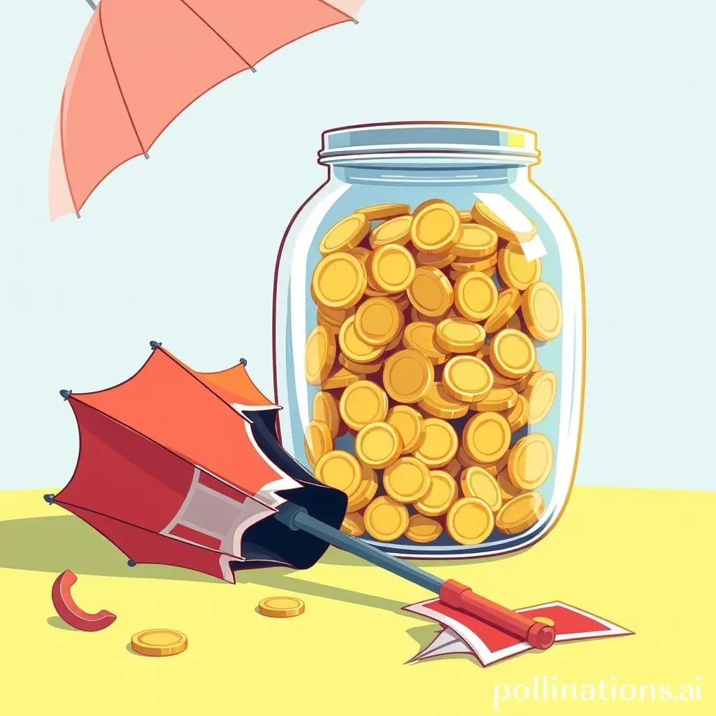 A cartoon image of an emergency fund jar being filled with coins and notes, with a broken umbrella beside it representing unexpected expenses.
