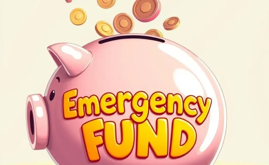 Piggy bank labeled 'Emergency Fund' with coins falling into it.