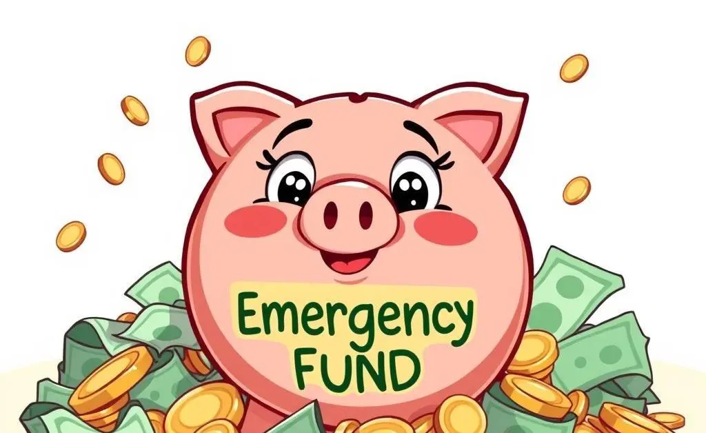 Piggy bank labeled 'Emergency Fund' with coins and bills