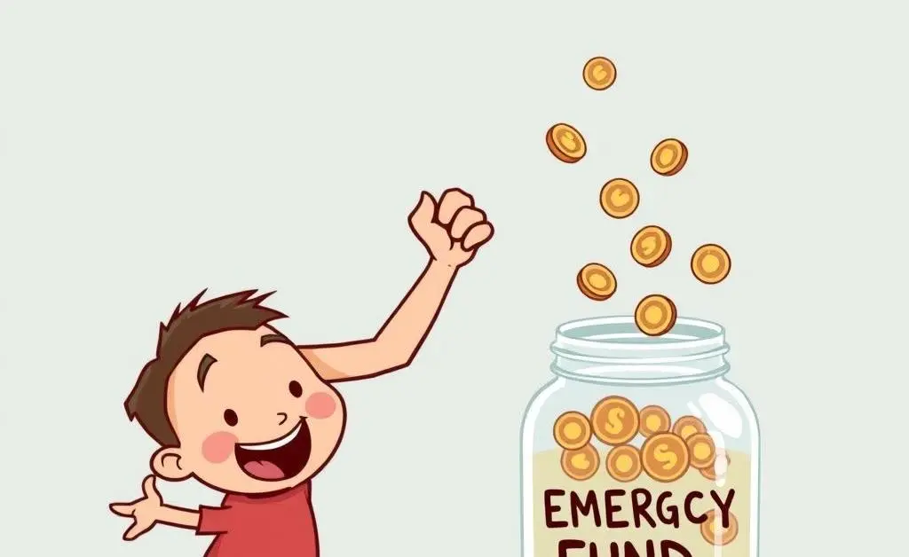 A cartoon image showing a person happily adding coins to an emergency fund jar.