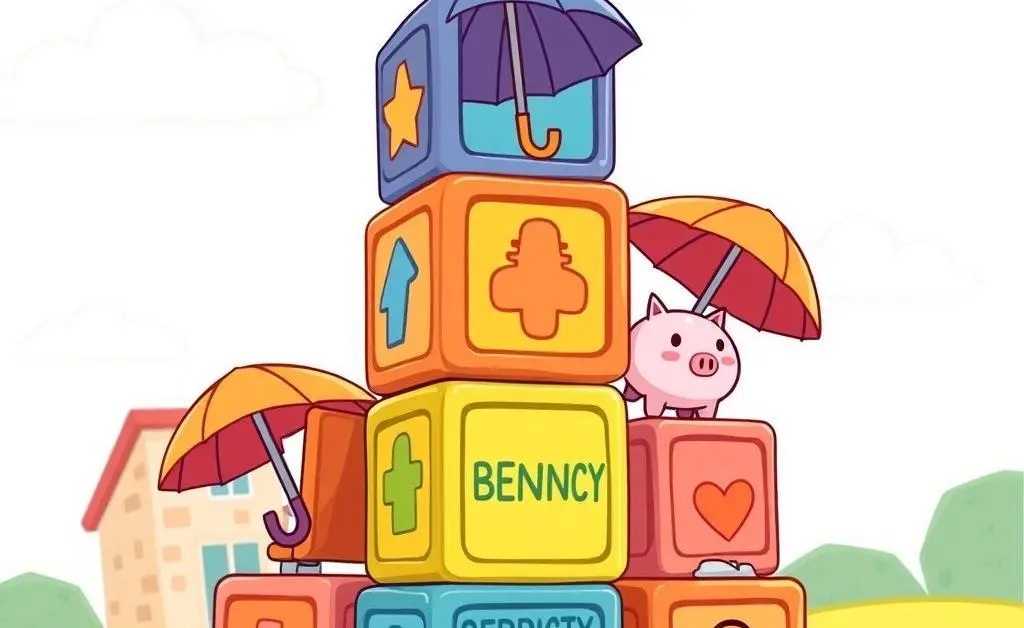 Building blocks representing an emergency fund with symbols of umbrellas and savings jars