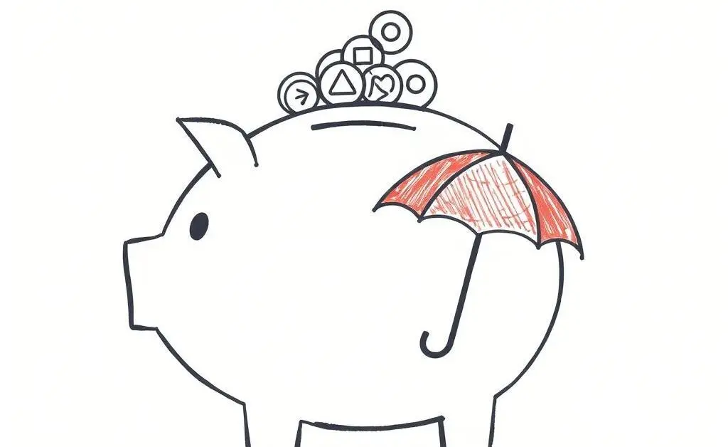 A piggy bank with coins and an umbrella symbolizing an emergency fund
