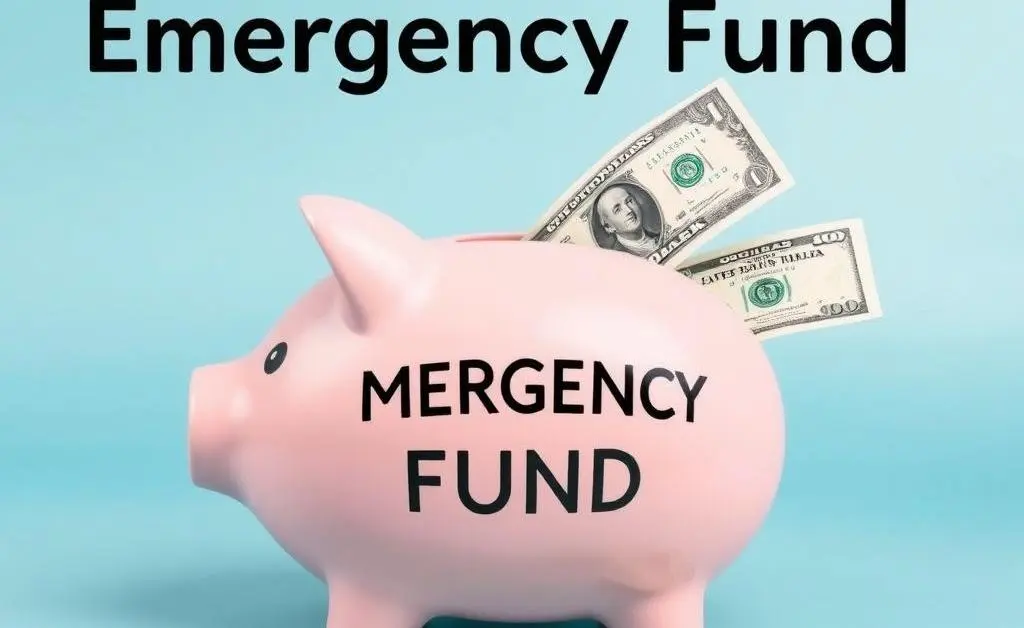 A visual concept of an emergency fund as a piggy bank with dollar bills slipping in.
