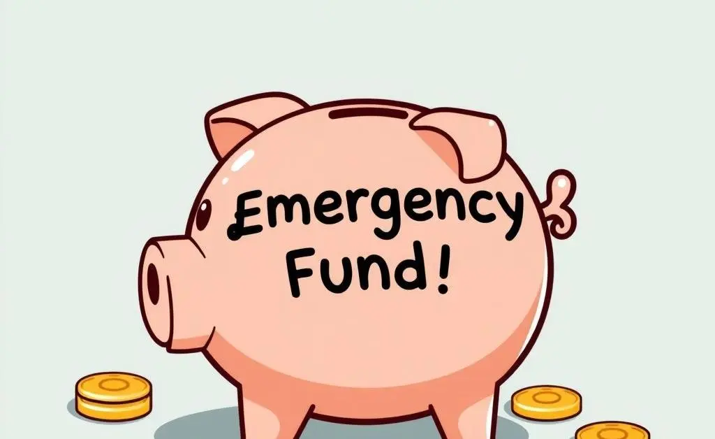 A cartoon concept of an emergency fund, illustrated as a piggy bank with coins around it.