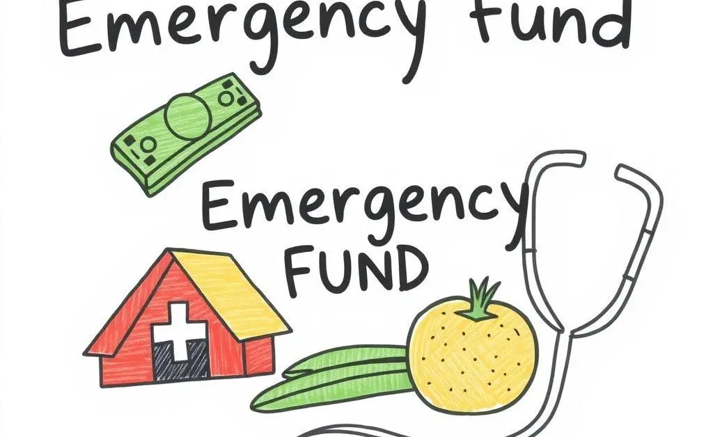 A hand-drawn image of emergency fund elements: cash, shelter, food, and a stethoscope.