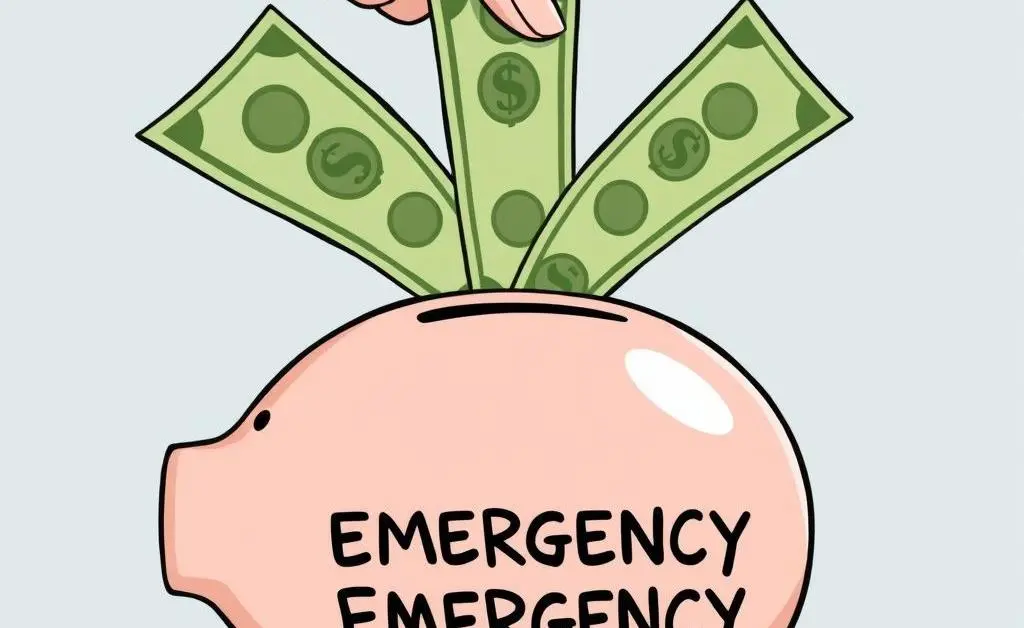 Cartoon-style image of a person placing dollar bills into a piggy bank labeled 'Emergency Fund'.