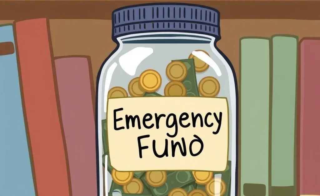 A jar labeled 'Emergency Fund' filled with coins and bills.