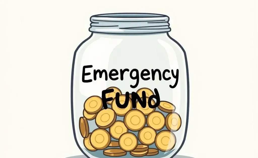 A minimalist, cartoon-style illustration of a glass jar labeled 'Emergency Fund'
