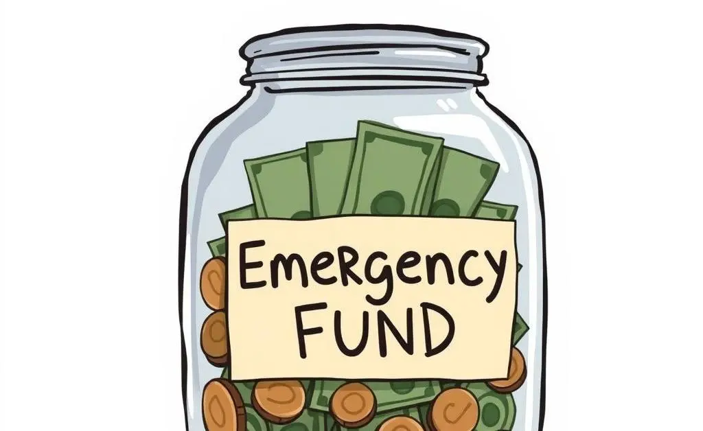 Clear jar labeled 'Emergency Fund' with coins and bills.