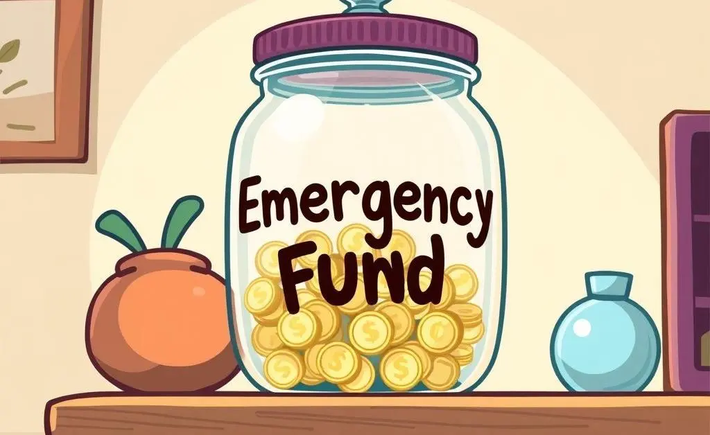 A cartoon image of a clear jar labeled 'Emergency Fund' filled with coins and cash, sitting on a shelf.