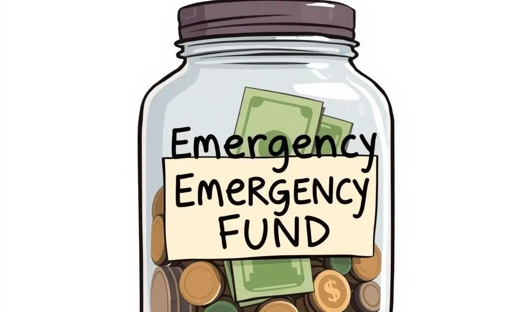 Cartoon of a glass jar labeled Emergency Fund partially filled with coins and bills