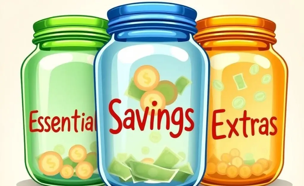 Three jars labeled 'Essentials', 'Savings', and 'Extras', cartoon-style.