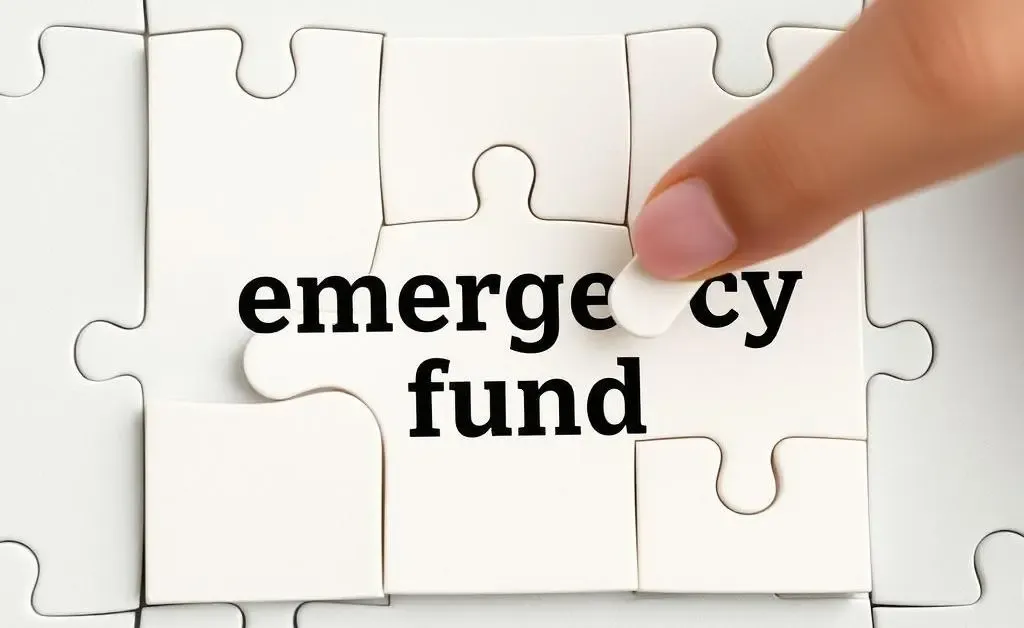 A hand placing a piece into a jigsaw puzzle labeled 'emergency fund'.