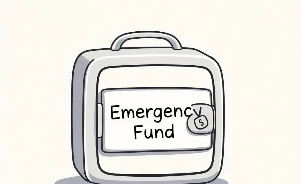 Minimalist drawing of a lockbox labeled 'Emergency Fund' to emphasize savings.